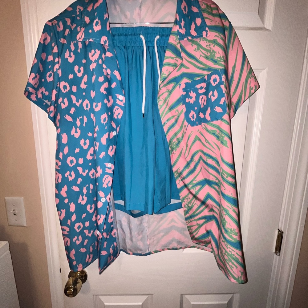 Blue and Pink Animal Print Shirt Set
